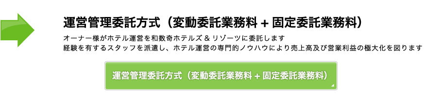 運営管理委託方式（変動委託業務料+固定委託業務料）オーナー様がホテル運営を和数奇H&Rに委託します。経験を有するスタッフを派遣し、
ホテル運営の専門的ノウハウにより売上高及び営業利益の極大化を図ります。