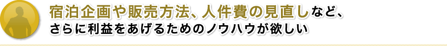 宿泊企画や販売方法、人件費の見直しなど、さらに利益をあげるためのノウハウが欲しい